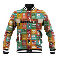 Everyday Genius Powered by Black Minds Baseball Jacket with Colorful Invention Icons Pattern - Wonder Print Shop