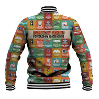 Everyday Genius Powered by Black Minds Baseball Jacket with Colorful Invention Icons Pattern - Wonder Print Shop