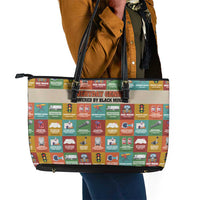 Everyday Genius Powered by Black Minds Leather Tote Bag with Colorful Invention Icons Pattern - Wonder Print Shop