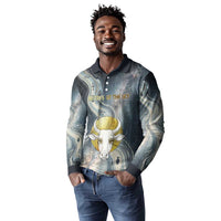Hesat Celestial Cow Egyptian Long Sleeve Polo Shirt with Mythic Sky Motif in Cosmic Theme