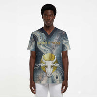 Hesat Celestial Cow Egyptian Scrub Top with Mythic Sky Motif in Cosmic Theme
