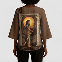 Imenet Sunlit Temple Columns Kimono Sleeve Blouse with Ancient Egyptian Offering Scene
