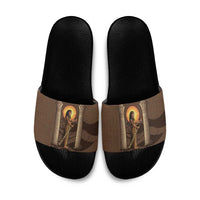 Imenet Sunlit Temple Columns Slide Sandals with Ancient Egyptian Offering Scene