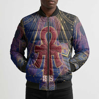 Isis Ankh Symbol Bomber Puffer Jacket with Celestial Wings in Ancient Egyptian Cosmic