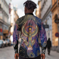 Isis Ankh Symbol Long Sleeve Button Shirt with Celestial Wings in Ancient Egyptian Cosmic