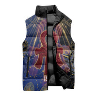 Isis Ankh Symbol Sleeveless Puffer Jacket with Celestial Wings in Ancient Egyptian Cosmic