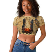 Montu Raglan Cropped T shirt Falcon Head War God Ancient Egyptian Map Feathers and Sun Disk
