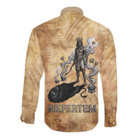 Nefertem Ancient Egyptian Long Sleeve Button Shirt Lion Head Lotus Flowers Incense Smoke Ancient
