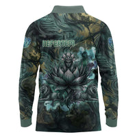 Nefertem Long Sleeve Polo Shirt Primordial Bloom Lotus Mystical Lion Cosmic Egyptian