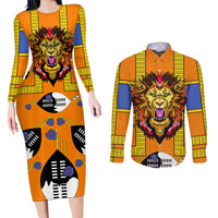 Swaziland Couples Matching Long Sleeve Bodycon Dress and Long Sleeve Button Shirt Lion Shield and Leopard Print Tribal Design