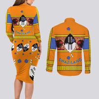 Swaziland Couples Matching Long Sleeve Bodycon Dress and Long Sleeve Button Shirt Lion Shield and Leopard Print Tribal Design