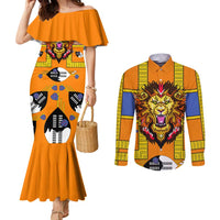 Swaziland Couples Matching Mermaid Dress and Long Sleeve Button Shirt Lion Shield and Leopard Print Tribal Design