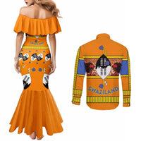 Swaziland Couples Matching Mermaid Dress and Long Sleeve Button Shirt Lion Shield and Leopard Print Tribal Design