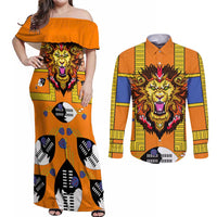 Swaziland Couples Matching Off Shoulder Maxi Dress and Long Sleeve Button Shirt Lion Shield and Leopard Print Tribal Design