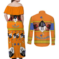 Swaziland Couples Matching Off Shoulder Maxi Dress and Long Sleeve Button Shirt Lion Shield and Leopard Print Tribal Design