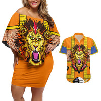Swaziland Couples Matching Off Shoulder Short Dress and Hawaiian Shirt Lion Shield and Leopard Print Tribal Design