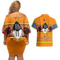Swaziland Couples Matching Off Shoulder Short Dress and Hawaiian Shirt Lion Shield and Leopard Print Tribal Design