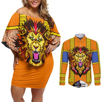 Swaziland Couples Matching Off Shoulder Short Dress and Long Sleeve Button Shirt Lion Shield and Leopard Print Tribal Design