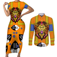 Swaziland Couples Matching Short Sleeve Bodycon Dress and Long Sleeve Button Shirt Lion Shield and Leopard Print Tribal Design