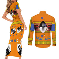 Swaziland Couples Matching Short Sleeve Bodycon Dress and Long Sleeve Button Shirt Lion Shield and Leopard Print Tribal Design