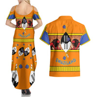 Swaziland Couples Matching Summer Maxi Dress and Hawaiian Shirt Lion Shield and Leopard Print Tribal Design