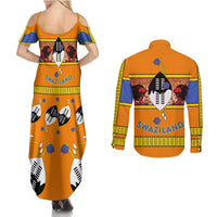 Swaziland Couples Matching Summer Maxi Dress and Long Sleeve Button Shirt Lion Shield and Leopard Print Tribal Design