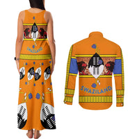 Swaziland Couples Matching Tank Maxi Dress and Long Sleeve Button Shirt Lion Shield and Leopard Print Tribal Design