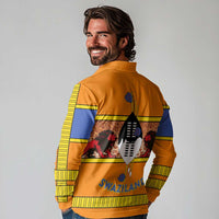 Swaziland Long Sleeve Polo Shirt Lion Shield and Leopard Print Tribal Design