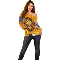 Swaziland Off Shoulder Sweater Lion Shield and Leopard Print Tribal Design