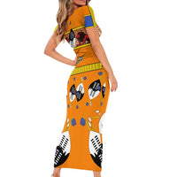 Swaziland Short Sleeve Bodycon Dress Lion Shield and Leopard Print Tribal Design