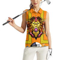 Swaziland Women Sleeveless Polo Shirt Lion Shield and Leopard Print Tribal Design