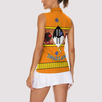 Swaziland Women Sleeveless Polo Shirt Lion Shield and Leopard Print Tribal Design