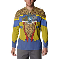 Swaziland Button Sweatshirt Coat of Arms Lion Elephant Shield Leopard Print Design