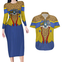 Swaziland Couples Matching Long Sleeve Bodycon Dress and Hawaiian Shirt Coat of Arms Lion Elephant Shield Leopard Print Design