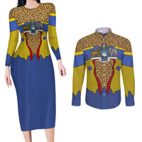 Swaziland Couples Matching Long Sleeve Bodycon Dress and Long Sleeve Button Shirt Coat of Arms Lion Elephant Shield Leopard Print Design