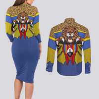 Swaziland Couples Matching Long Sleeve Bodycon Dress and Long Sleeve Button Shirt Coat of Arms Lion Elephant Shield Leopard Print Design