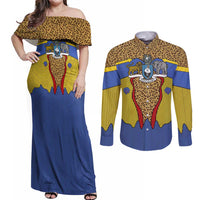 Swaziland Couples Matching Off Shoulder Maxi Dress and Long Sleeve Button Shirt Coat of Arms Lion Elephant Shield Leopard Print Design