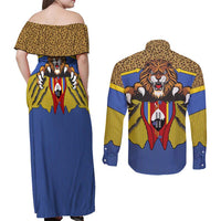 Swaziland Couples Matching Off Shoulder Maxi Dress and Long Sleeve Button Shirt Coat of Arms Lion Elephant Shield Leopard Print Design