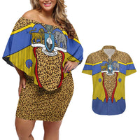 Swaziland Couples Matching Off Shoulder Short Dress and Hawaiian Shirt Coat of Arms Lion Elephant Shield Leopard Print Design