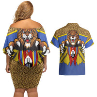 Swaziland Couples Matching Off Shoulder Short Dress and Hawaiian Shirt Coat of Arms Lion Elephant Shield Leopard Print Design