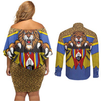 Swaziland Couples Matching Off Shoulder Short Dress and Long Sleeve Button Shirt Coat of Arms Lion Elephant Shield Leopard Print Design