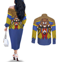 Swaziland Couples Matching Off The Shoulder Long Sleeve Dress and Long Sleeve Button Shirt Coat of Arms Lion Elephant Shield Leopard Print Design