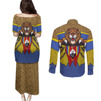 Swaziland Couples Matching Puletasi and Long Sleeve Button Shirt Coat of Arms Lion Elephant Shield Leopard Print Design