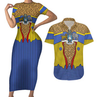 Swaziland Couples Matching Short Sleeve Bodycon Dress and Hawaiian Shirt Coat of Arms Lion Elephant Shield Leopard Print Design