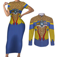 Swaziland Couples Matching Short Sleeve Bodycon Dress and Long Sleeve Button Shirt Coat of Arms Lion Elephant Shield Leopard Print Design