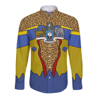 Swaziland Long Sleeve Button Shirt Coat of Arms Lion Elephant Shield Leopard Print Design