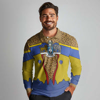 Swaziland Long Sleeve Polo Shirt Coat of Arms Lion Elephant Shield Leopard Print Design
