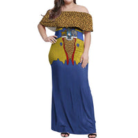 Swaziland Off Shoulder Maxi Dress Coat of Arms Lion Elephant Shield Leopard Print Design