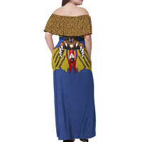 Swaziland Off Shoulder Maxi Dress Coat of Arms Lion Elephant Shield Leopard Print Design