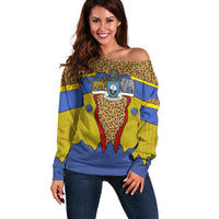 Swaziland Off Shoulder Sweater Coat of Arms Lion Elephant Shield Leopard Print Design